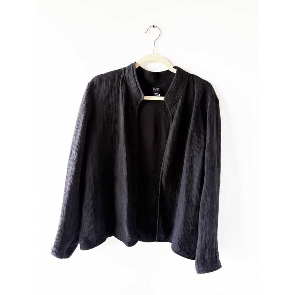 Eileen Fisher Black Textured Silk Blend Crinkle Open Jacket Mandarin Collar L
